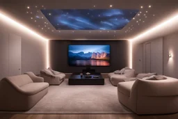 a dedicated home cinema room with LED ambient lighting in the walls