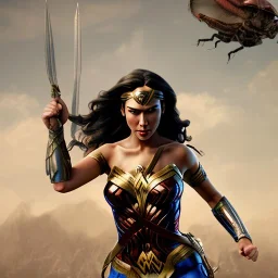 Wonder woman is fighting a giant bug with 40 arms