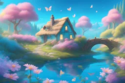 A small fairytale cottage set in a magical forest. Lots of flowers, birds and butterflies. Sparks of light everywhere. The sky is blue. In the foreground are pink and yellow flowers, then a turquoise river that flows into the forest. haute definition 8k