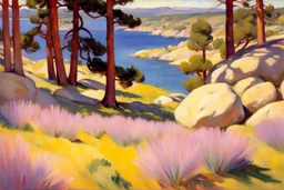 Sunny day, pine trees, mountains, prairie, flowers, lake, rocks, spring, joaquin sorolla impressionism painting