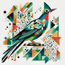 The image features a cuckoo bird with an open beak, like a cuckoo, on a white background, which is depicted in an abstract and geometric style with minimal elements, with elements of Neo-Cubism and Fauvism, using vivid colors and bold lines. The bird is depicted using a minimum of different shapes and patterns, for example its wing is green with black dots. The bird's surroundings are made up of various geometric shapes that harmoniously complement the overall picture. The overall impression is