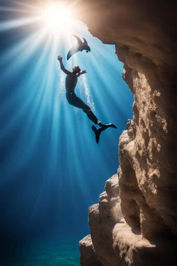 cliffdiver diving from high cliff with a dolphin, bokeh, downlight, prize winning, depth of field, in the style of ivo caprino, backlight, aura