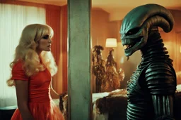 [vintage style noisy scratches glitches, Shot the texture and then rewound the film and double exposed from a colorful 1970s Italian movie] As the hot blonde cheerleader and the xenomorph mummy faced each other in the eerie hotel room, a palpable tension filled the air. The cheerleader, her youthful exuberance contrasting with the mummy's ancient horror, stood poised for a confrontation unlike any other. The xenomorph mummy, a fusion of unearthly terror and decaying majesty, regarded the cheerle