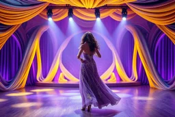 modern stage with gray-dark yellow blueish violet theme artistic decoration , color full dynamic lighting, a beautiful lady in maxi dress with shining silver jewels ,curvy long hair,dancing, 3D recursive fractal structure animating background