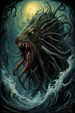 DAGON : Lovecraftian horror of the deep, by Justsin Gerard and Anoto Finnstark and Ian Miller, smooth horror art, sharp textures, alcohol oil painting, expansive, dark colors, vivid Eldritch imagery, elusive nightmare, distressing hues, Gerard's distinctive visceral style, detailed line work, rich sharp colors