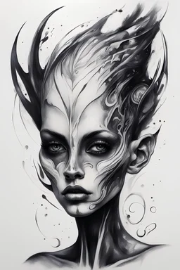 A realistic drawing in negative space black ink on white background of a beautiful goth alien with abstract brushstrokes face tattoos to enhance her face