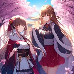 Clear focus,8k,Beatiful Lighting,Beatiful Blur,Beatiful Shading,Brown long hair,fluffy hair, long fluffy bangs, Brown eyes, wearing a top half of a kimono but under is a short skirt, cherry blossom falling, detailed clothes, circles near the end of her sleeves, skirt gets darker,bandage near arm