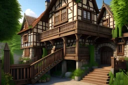 large medieval gothic, wooden inn, with a balcony, next to a sloping, cobbled road, in a wood, dense foliage, photo-realistic