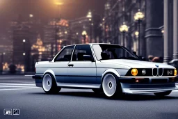 a 1990 bmw 2-door 4k ,ultra realistic,concept, 4k ,on street, parked in crowed city