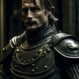 mads mikkelsen dresses in knight's armour, head fully in frame, high quality photo