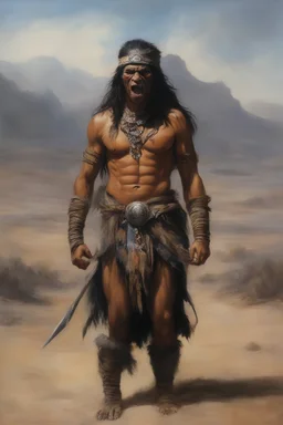 head to waist - native American Indian werewolf - craggy desert wasteland background, 32k, UHD, Hyper-realistic oil painting by Gerald Brom