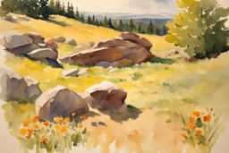 Sunny day, spring, rocks, mountains, epic, winslow homer watercolor paintings