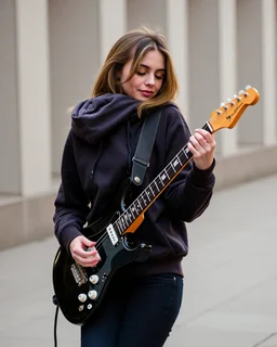attractive woman(wearing a dark hoodie of light material) playing an electric guitar while leaning back