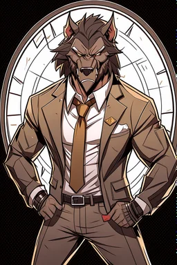 Buff, anthro, wolf, himbo, black fur, gold eyes, wearing a suit, full-body, muscles, strong, muscular, man boobs, bulky, tail, dark fur, smug grin, hands on hips, furry-himbo, broad shoulders, wide hips,