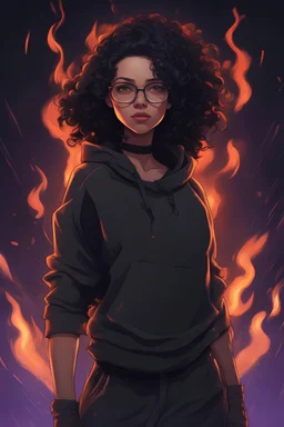A 27-year-old young gentle woman,realistic, with curly black hair, a thick chin, and wearing glasses, black clothes, hoodi, cry,cyberpunk, smart face, Confident smile, with fire powers