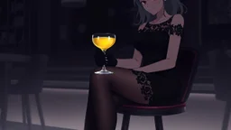 gray-toned, contrasting graphics, a lady in a black casual dress, black lace nice nylon stockings sitting on a bar chair in bar, holding a yellow mimosa cocktail in her long black gloved hand, atmospheric, strong contrasts, shadowy background, focus on the hand holding the cocktail, moody, pale ligts, anime style, cinematic