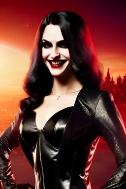 Grinning vampire, portrait from waist up, pale skin, latex and leather attire, crimson eyes, fangs,intricate eyeliner, vibrant eyeshadow, clear completion, soft lighting, 4k resolution, intricate details, insanely detailed, colorful cityscape background, masterpiece, expert, cinematic smooth, retroanime style, realistic details, no helmet
