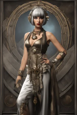 Creation: full body and headshot of a skinny Cleopatra, with a silver bob hairstyle, standing in a steampunk setting.