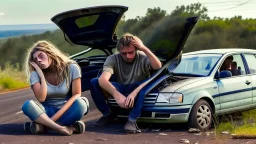 man and crying lady sit in front seat of broken down jetta on side of the road