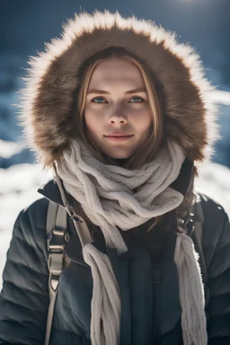 A 23 year old german girl with a serene expression stands proudly atop a majestic snow-covered mountain, bundled up in warm winter clothes to shield against the chill. Their face with pale skin, illuminated by the brilliant sunlight on this beautiful day, captivates the viewer with its genuine beauty. This stunning photograph, taken with a Fujifilm XT3 camera, captures every intricate detail of their features in astonishingly high resolution – an impressive 8k UHD RAW photo. The image carries a