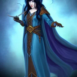 dungeons and dragons character, female half-elven sorcerer wearing a blue dress, long black hair, dark blue eyes, smiling, pretty face, close-up, realistic