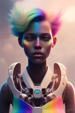 girl, cute, beautiful, shaved head, soft pastel rainbow hair, rainbow dress,robotic, african factions close up portrait by Greg Rutkowski