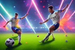 Oil painting, full body of a soccer player, he is kicking the ball, the ball is flying, bright but not neon colours, dynamic lines, dynamic blobs, spots, lines in the background of the character, splash like a colour explosion