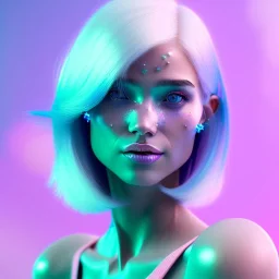 A portrait of a crystalised girl,smiling, laughting longs normal hairs white , atmospheric, realistic,, cinematic lighting, octane render,, pink turquoise light, white skin