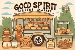 Stickers for a lakeside farmers' market "Good Spirit Market" in a national parks sticker style, featuring illustrations of baked goods