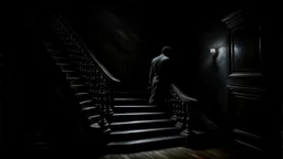 A dark and ominous oil painting, depicting a shadowy figure lurking on a staircase