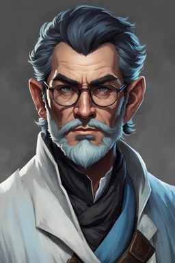 A painting concept art of a dungeons and dragons character, Firbolg race, male middle age, rough face, pale blue skin, short black hair, doctor, doctor clothes, glasses,1800s, western, old west