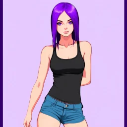 a pretty girl, skinny, relaxed, tank top, purple hair, stylised, digital art