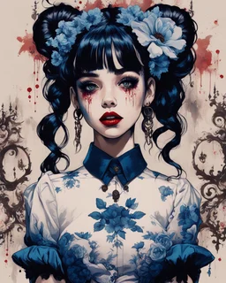 Poster in two gradually, a one side malevolent goth vampire girl face and other side the Singer Melanie Martinez face, full body, painting by Yoji Shinkawa, darkblue and sepia tones, wears a smart shirt which is embroidered with bluered flowers and ornaments, has dark eyes and horns,