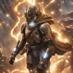 star wars bald male corellian pilot wearing pearlescent black and gunmetal grey First Order special forces heavy assault armor and helmet with gold trim inside the jedi temple, centered portrait, hyperdetailed, dynamic lighting, hyperdetailed background, 8k resolution, volumetric lighting, light skin, fully symmetric details