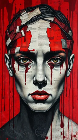 Bosch style painting , A face in details on red bloody background. The texture of the face is a collage of many peace’s of newspaper parts