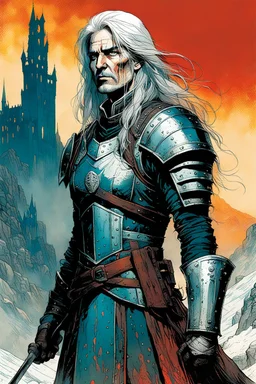 create an imaginative full body print illustration of an ethereal, otherworldly haggard, scarred, and grim, ghost haired, female grandmaster Witcher in Kaer Morhen armor , in the comic book art style of Bill Sienkiewicz, Mike Mignola, and Jean Giraud Moebius, with highly detailed facial features , finely drawn, colored and inked,