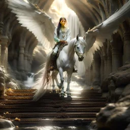 portrait of a white fantastic flying winged horsed/pegasi with cute female elf rider in front of a staircase into a portal to the desert in the middle of a waterfall, photo-realistic, shot on Hasselblad h6d-400c, zeiss prime lens, bokeh like f/0.8, tilt-shift lens 8k, high detail, smooth render, down-light, unreal engine, downlight