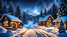 picture of a very beautiful high realistic nice modern tourist zone village, snowy night with snowfall , pines, snowy old walking road, one cute snowman, high detalied, high textures, perfect photo, and cozy mood , Professional photography, bokeh, natural lighting, canon lens, shot on dslr 64 megapixels sharp focus