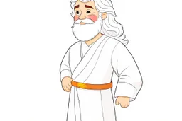 Disney style, white hair, white skin, white beard, coloring book, minimalism, simple lines, white background, STICKER, WHOLE BODY, A CUTE JESUS CHRIST, WAVY HAIR, BEARD, COVERING THE WHOLE BODY WHITE LONG TUNIC, LIGHT DOWN, HAPPY face , A detailed illustration, in the style of Studio Ghibli, 3D vector art, cute and quirky, fantasy art, Adobe Illustrator, hand-drawn, low-