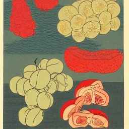 Ukiyo-e style illustration of fruit stilllife