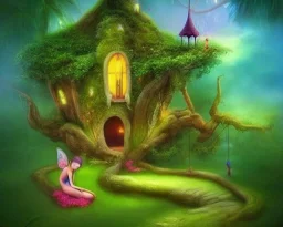 mystical house on a hot tropical island, fantasy art, surreal art, beautiful little fairies sitting on the trees,