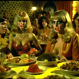 Comic movie shot, spooky, hot, ultra realistic, dine, horns, ultra realistic hot blonde women, year-end party, pieces of meat, organs, hot, ail, dynamic, hot, very excited people, hypermaximalist figures, light, 1970's Italian comedy movie, Stanley Kubrik, ornate, 4k, photorealism