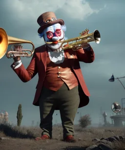 mechanoid old friendly fat clown with trimmed beard playing jazz with a steampunk theme, trumpet, realistic