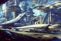 Spaceship starting from a Spaceport on a heavy industrialized planet, art by John Berkey, insanely detailed, vibrant, wide-angle, street level view