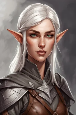 woman elf, adventurer, natural, with short platinum blonde straight hair to shoulders, symbol of d&d warlock on forehead, grey eyes, thin lips, drawing style, leather clothes