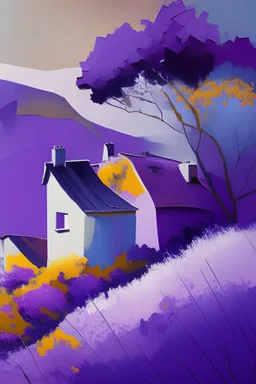 abstract paint, houses, hill, garden lilac backgrund