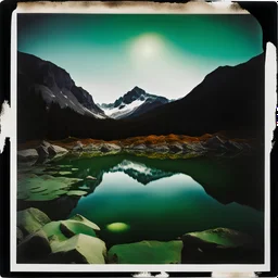 Sublime foto close-up polaroid ad alta definizione di una montagna rocciosa, un lago, surreale, colors, , collage art, dadaism, sublime, splimapys nero, cielo nero, acqua nera riflette un sole nero, macabre piante circondano il lago, alghe, hypermaximalist, Max Ernst style, strangeness, intricate, hypnotic, obsessive, 8k, deep 3d field, very accentuated details of the rocks and shtn, eerie, artistic photo, shot on Hasselblad, large format film, medium format film