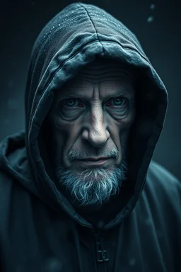 A hooded old man image, randomised, depicting illusion, the Impossible, nonsense, the immaterial, intangible, and futuristic. Be wildly random in producing totally new ideas and images. Show me the deep scars inflicted on my soul and mind. Epic, cinematic.