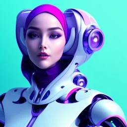 Cute hijab woman in a robotic suit,purple and pink backlight, profile