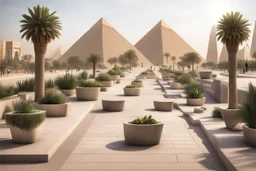 urban design tourist walkway in eygpt with the pyramids , modern street seating , planters